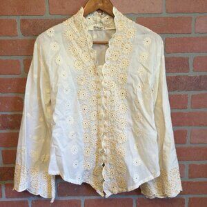 Vintage Step Bkk Embroidered Floral Eyelet Beaded Scalloped Blouse Size 38